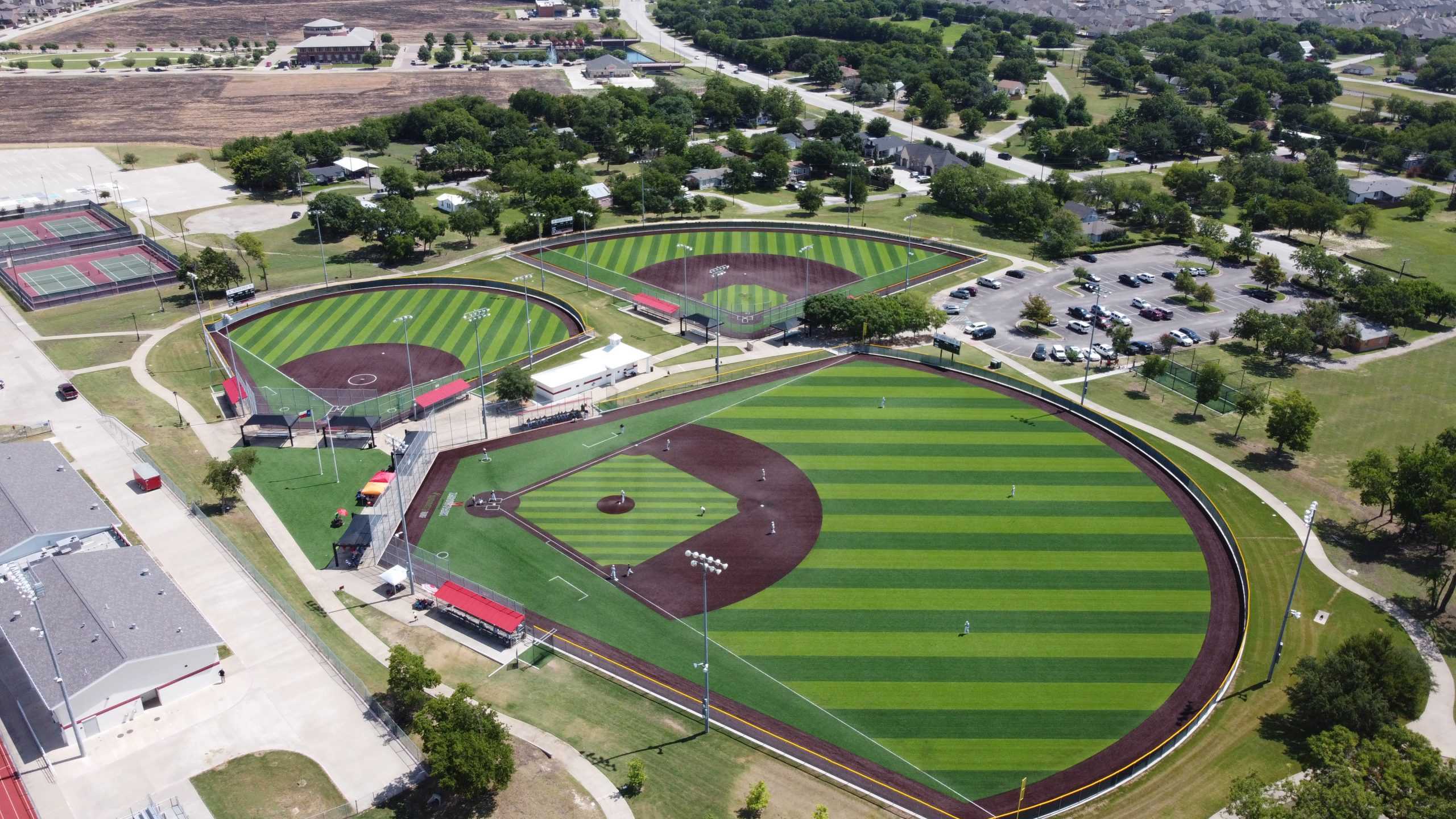 An aeria view of a complete sports field construction project by Symmetry.